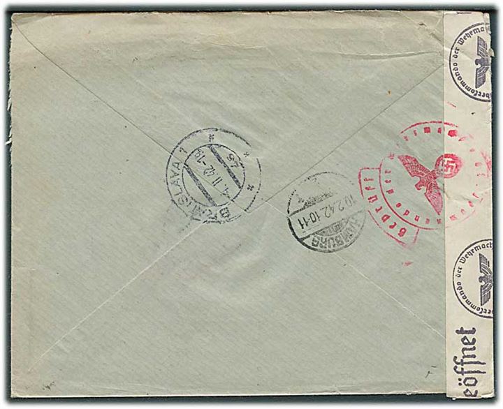 Slovakiet. 50 h. Tiso og 2,50 kr. Hlinka i parstykke på anbefalet brev fra Bratislava d. 4.2.1942 til Hamburg, Tyskland. Åbnet af tysk censur i Wien.