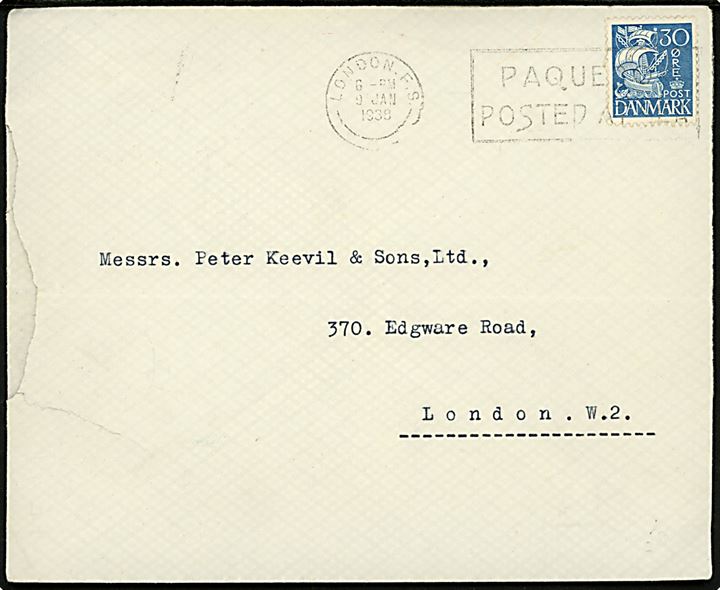 30 øre Karavel på brev fra København annulleret med britisk skibsstempel London F.S. / Paquebot posted at sea d. 9.1.1938 til London. Vandret fold.