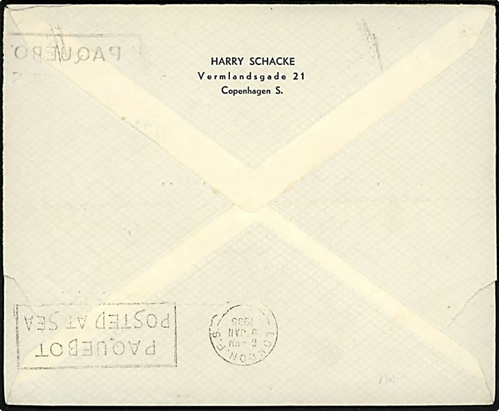 30 øre Karavel på brev fra København annulleret med britisk skibsstempel London F.S. / Paquebot posted at sea d. 9.1.1938 til London. Vandret fold.