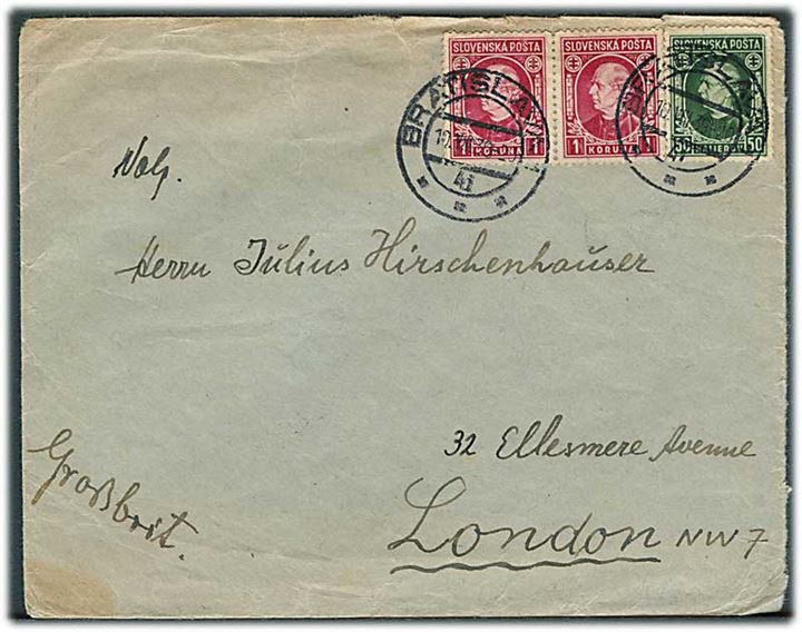 Slovakiet. 50 h. og 1 kr. (par) Hlinka på brev fra Bratislava d. 10.8.1939 til London, England. Åbnet at slovakisk Toldkontrol med 3-sproget lukke labels.