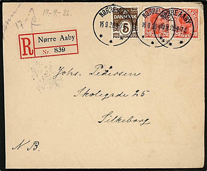 5 øre Bølgelinie og 20 øre Chr. X i parstykke på anbefalet brev annulleret med brotype IIIb Nørre-Aaby d. 16.9.1926 til Silkeborg.