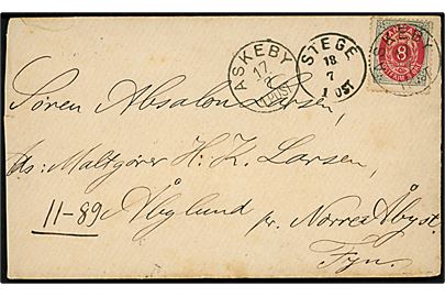 8 øre Tofarvet på brev annulleret med lapidar Askeby d. 17.7.1889 via Stege d. 18.7.1889 til Nørre Aaby. Afkortet i venstre side. 
