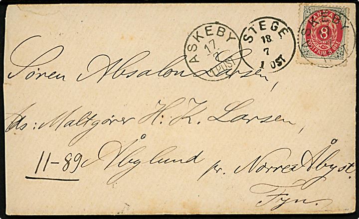 8 øre Tofarvet på brev annulleret med lapidar Askeby d. 17.7.1889 via Stege d. 18.7.1889 til Nørre Aaby. Afkortet i venstre side. 
