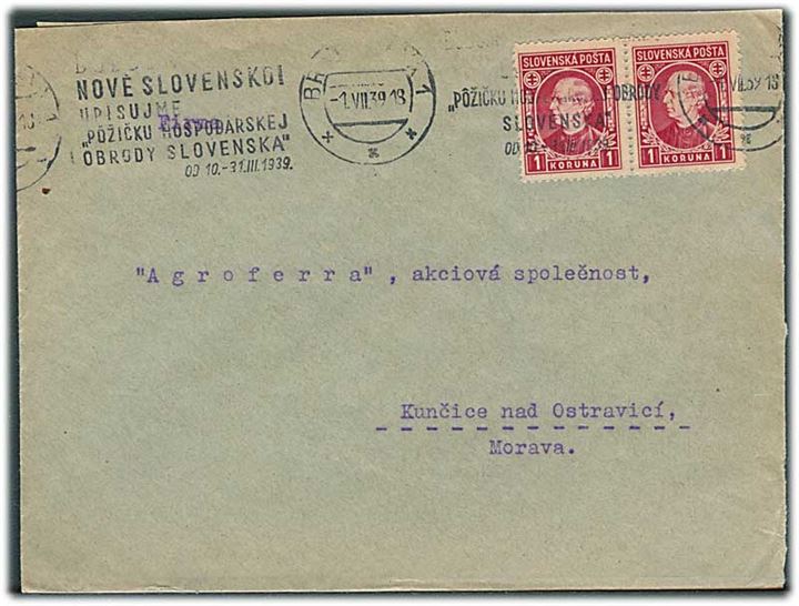 Slovakiet. 1 kr. Hlinka i parstykke på brev fra Bratislava d. 1.7.1939 til Knucice i Böhmen-Mähren.