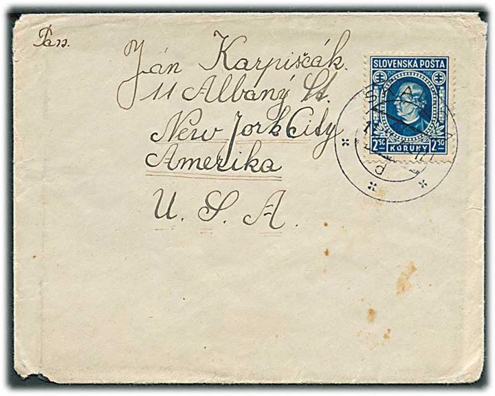 Slovakiet. 2,50 kr. Hlinka single på brev fra Skalica d. 11.4.1940 til New York, USA. 