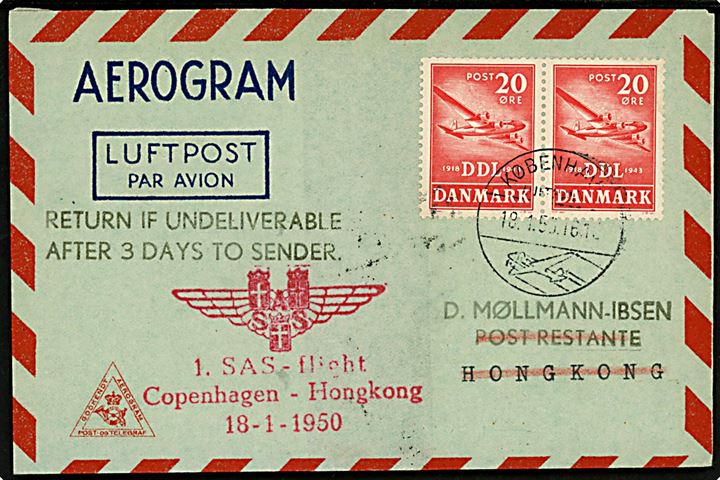 20 øre DDL Jubilæum i parstykke på privat aerogram sendt med SAS 1.-flyvning fra København d. 18.1.1950 til Hong Kong. Retur med flere stempler.