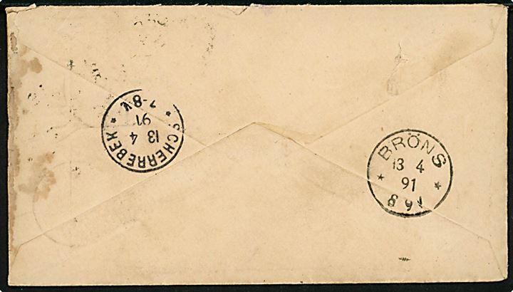 10 pfg. Adler på brev annulleret med enringsstempel Roagger ** d. 13.9.1891 via Scherrebek til Bröns. 