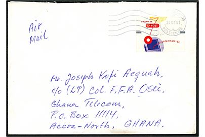 5,50 kr. Frankeringsetiket på luftpostbrev fra Midsjællands Postcenter d. 24.8.2001 til Accra, Ghana.