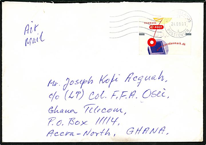 5,50 kr. Frankeringsetiket på luftpostbrev fra Midsjællands Postcenter d. 24.8.2001 til Accra, Ghana.