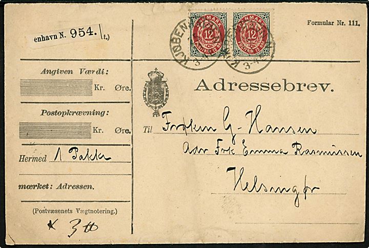 12 øre Tofarvet 16. tryk i parstykke på adressebrev for pakke annulleret med lapidar Kjøbenhavn N. d. 25.11.1892 til Helsingør.