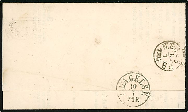 2 sk. Krone/Scepter single på del af cirkulære fra Inspecteur H. N. Madsen sendt som tryksag med nr.stempel 24 og sidestemplet antiqua Helsingør d. 10.7.1870 til Slagelse. 