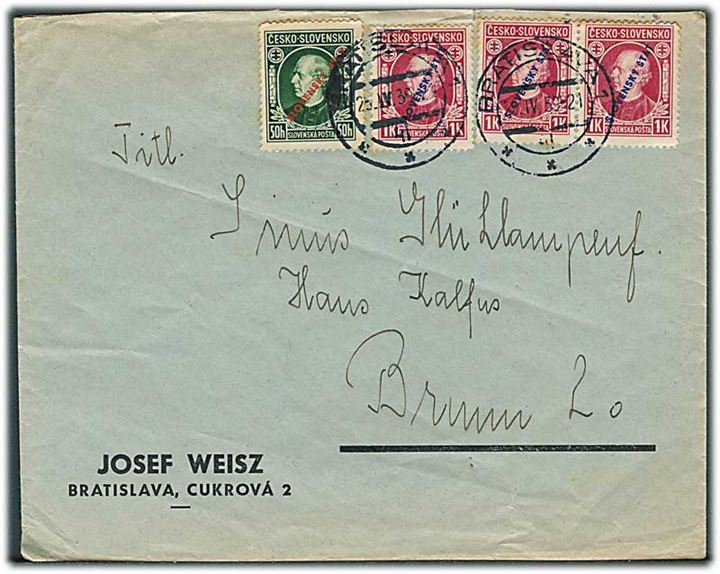 Slovakiet. 50 h. og 1 kr. (3) Hlinka Slovensky Stat provisorier på brev fra Bratislava d. 25.4.1939 til Brunn, Prot. Böhmen-Mähren.