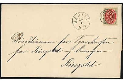 4 sk. 1. tryk B55 linietakket på brev annulleret med nr.stempel 113 og sidestemplet lapidar Haslev d. 26.1.1871 til Ringsted. Trykbestemt af Lasse Nielsen.