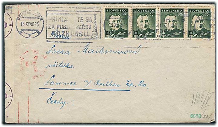 Slovakiet. 50 h. Tiso (4) på brev fra Bratislava d. 13.12.1940 til Lomvice, Böhmen-Mähren. Åbnet af tysk censur i Wien.