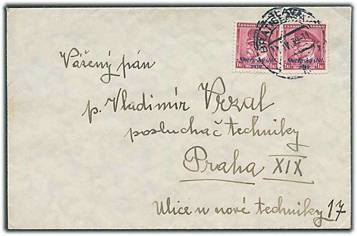Slovakiet. 1 kr. Marzaryk (2) overtrykt Slovensky stat 1939 på brev fra Bratislava d. 11.4.1939 til Prag, Böhmen-Mähren.