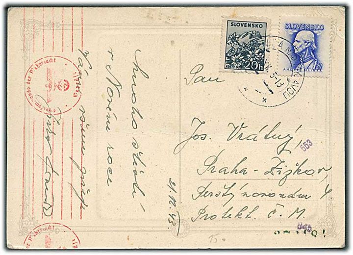 Slovakiet. 20 h. Edelweis og 1,30 kr. Hlinka på brevkort fra med svagt stempel d. 21.12.1943 til Prag, Böhmen-Mähren. Tysk censur fra Wien.