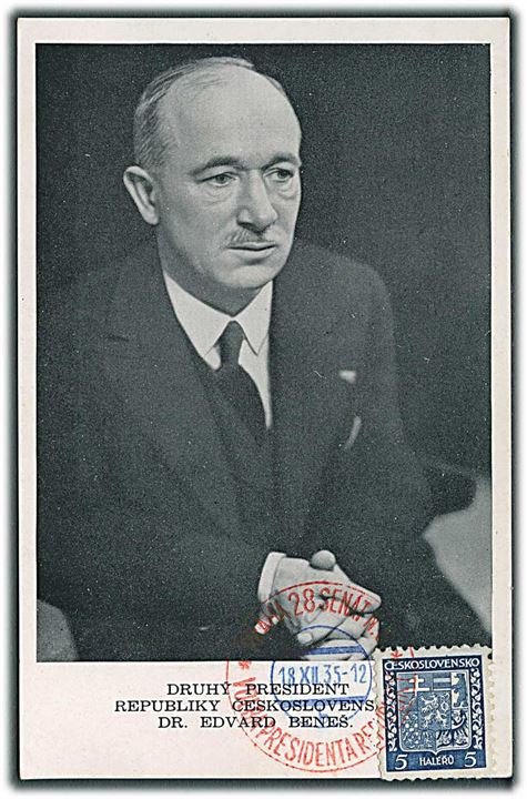 5 h. Våben på billedside af uadresseret brevkort med Edv. Benes annulleret med 2-farbvet særstempel d. 18.12.1935.