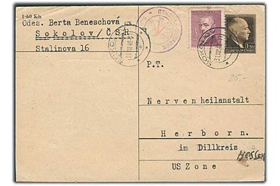 1,50 kr. helsagsbrevkort opfrankeret med 3 kr. Benes fra Sokolov d. 31.8.1948 til Herborn, Tyskland. Tjekkisk censur.