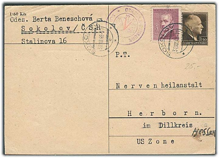 1,50 kr. helsagsbrevkort opfrankeret med 3 kr. Benes fra Sokolov d. 31.8.1948 til Herborn, Tyskland. Tjekkisk censur.