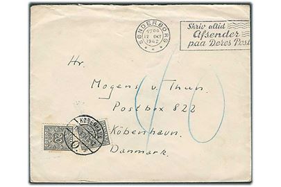 Ufrankeret brev fra Sønderborg d. 12.10.1942 til København. Udtakseret i porto med 20 øre Portomærke (2) stemplet København Ø d. 14.10.1942.