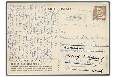 20 øre Fr. IX på brevkort (Færgen M/F Kong Frederik IX) annulleret med VIOLET håndrullestempel Dansk Søpost Gedser-Grossenbrode d. 31.3.1956 til Stockholm, Sverige - eftersendt til København, Danmark.