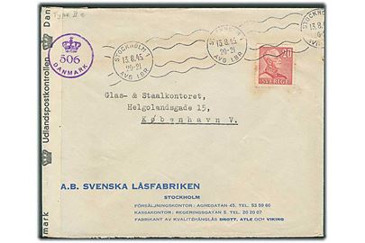 20 öre Gustaf på brev fra Stockholm d. 13.8.1945 til København, Danmark. Dansk efterkrigscensur (krone)/506/Danmark.
