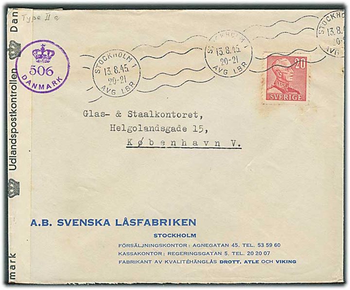 20 öre Gustaf på brev fra Stockholm d. 13.8.1945 til København, Danmark. Dansk efterkrigscensur (krone)/506/Danmark.