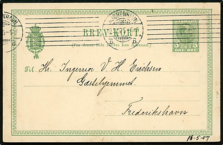 Pinseliljer. Håndtegnet pinsekort på 5 øre Chr. IX helsagsbrevkort fra Kjøbenhavn d. 18.5.1907 til Frederikshavn.