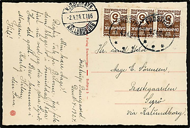 5 øre Bølgelinie (3) på brevkort (Bulbjerg) annulleret brotype IIIb Frøstrup d. 1.4.1924 via bureau Kjøbenhavn - Kallundborg T.166 d. 2.4.1924 til Sejerø pr. Kalundborg. 