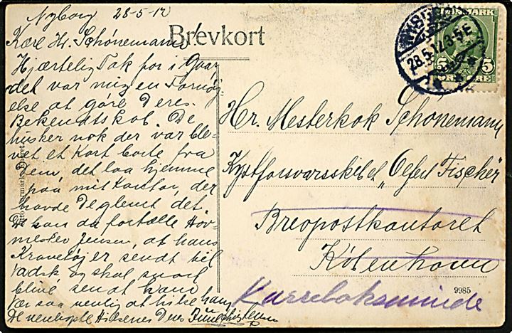 5 øre Fr. VIII på brevkort fra Nyborg d. 28.5.1912 til sømand ombord på kystforsvarsskibet Olfert Fischer via Brevpostkontoret København - eftersendt til skibets station i Karrebæksminde.