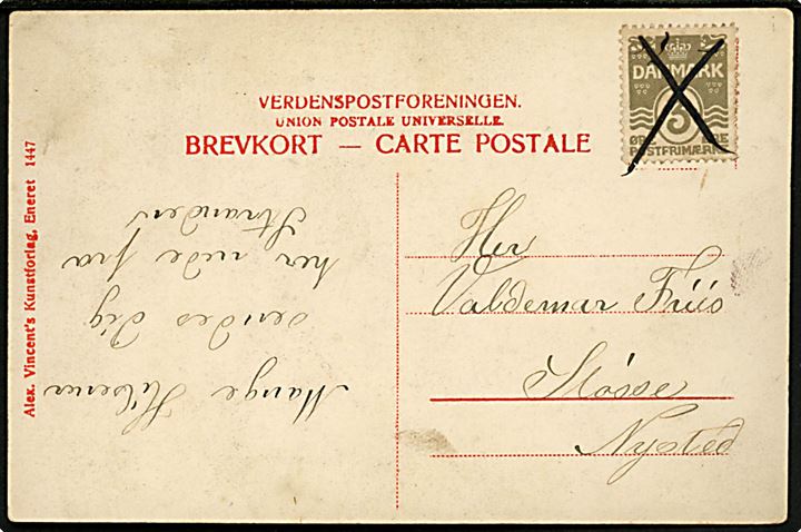 3 øre Bølgelinie på lokalt brevkort annulleret med blækkryds til Sløsse pr. Nysted på Lolland.