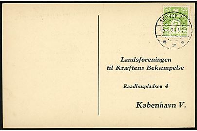 7 øre Bølgelinie på tryksagskort annulleret brotype IIb Skovby Als d. 15.6.1929 til Landsforeningen til Kræftens Bekæmpelse i København. Bestillingsseddel for indsamlingsmateriale.