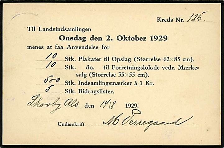 7 øre Bølgelinie på tryksagskort annulleret brotype IIb Skovby Als d. 15.6.1929 til Landsforeningen til Kræftens Bekæmpelse i København. Bestillingsseddel for indsamlingsmateriale.