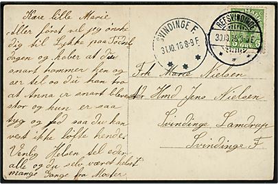 5 øre Chr. X på brevkort (Landejendom) annulleret med brotype Ia Refsvindinge d. 30.10.1916 til Svindinge Lamdrup. Ank.stemplet brotype IIIb Svindinge F. d. 31.10.1916.