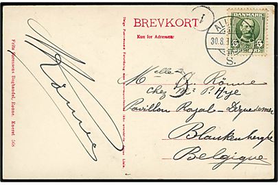 5 øre Fr. VIII på brevkort (Hammershus) sendt som tryksag og annulleret brotype Ia Allinge S. (Brugt i Sandvig) d. 30.8.1911 til Belgien.