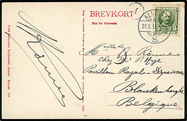5 øre Fr. VIII på brevkort (Hammershus) sendt som tryksag og annulleret brotype Ia Allinge S. (Brugt i Sandvig) d. 30.8.1911 til Belgien.
