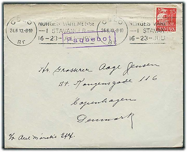 15 øre Karavel på fortrykt Skandinavien-Amerika Linie kuvert annulleret med norsk stempel i Oslo d. 24.6.1933 og sidestemplet Paquebot til København, Danmark.