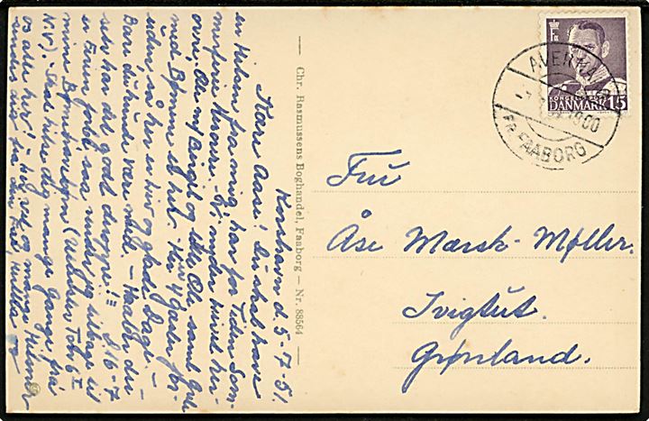 15 øre Fr. IX på brevkort (Avernakø, Idyl ved Gadekæret) dateret Korshavn og annulleret med pr.-stempel Avernakø pr. Faaborg d. 7.7.1951 til Ivigtut, Grønland.
