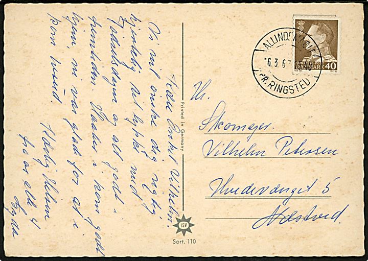 40 øre Fr. IX på brevkort annulleret med pr.-stempel Allindemagle pr. Ringsted d. 16.3.1967 til Næstved.