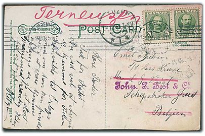 5 øre Fr. VIII i parstykke på brevkort fra Kjøbenhavn d. 9.11.1908 til sømand ombord på S/S Lars Kruse i Gent, Belgien - eftersendt.