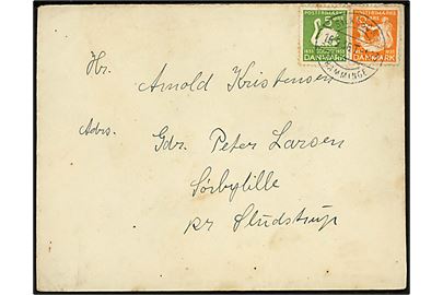 5 øre og 10 øre H. C. Andersen på brev annulleret med bureau Silkeborg - Bramminge T.523 d. 16.9.1936 til Sørbylille pr. Sludstrup. Nusset i overkanten.
