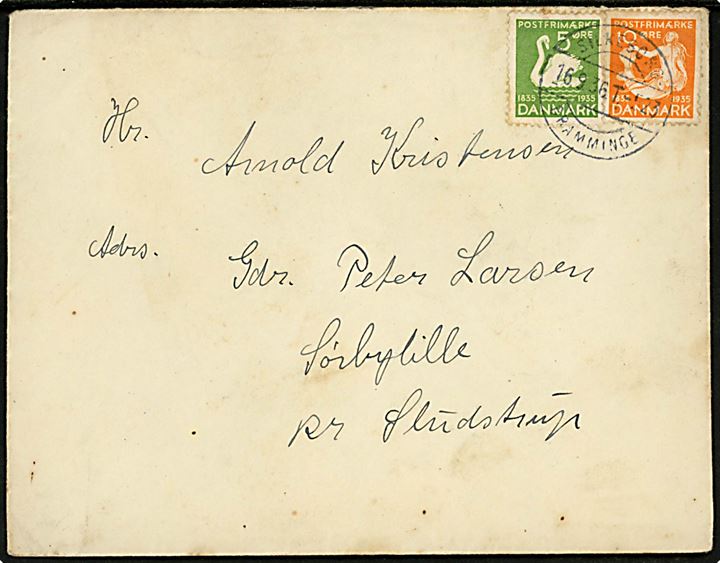 5 øre og 10 øre H. C. Andersen på brev annulleret med bureau Silkeborg - Bramminge T.523 d. 16.9.1936 til Sørbylille pr. Sludstrup. Nusset i overkanten.