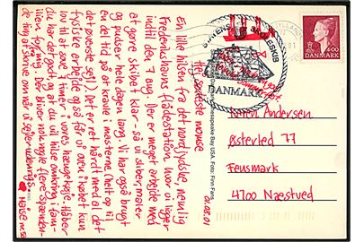 4 kr. Margrethe på brevkort (Skoleskibet Danmark) skrevet på Flådestation Frederikshavn og annulleret Nordjyllands Postcenter d. 3.8.2001 og sidestemplet Statens Skoleskib DANMARK til Næstved.
