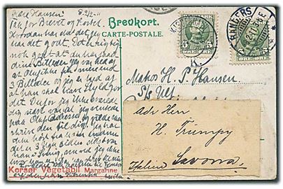5 øre Fr. VIII på brevkort fra Randers d. 3.2.1911 til S/S Ulf via rederi i København. Opfrankeret med 5 øre Fr. VIII stemplet Kjøbenhavn d. x.2.1911 og eftersendt til skibet i Savona, Italien.