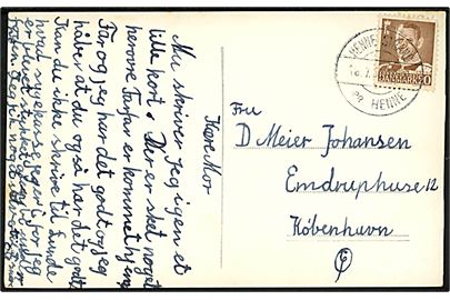 20 øre Fr. IX på brevkort annulleret med pr.stempel Henne Strand pr. Henne d. 16.8.1955 til København.