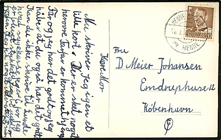 20 øre Fr. IX på brevkort annulleret med pr.stempel Henne Strand pr. Henne d. 16.8.1955 til København.