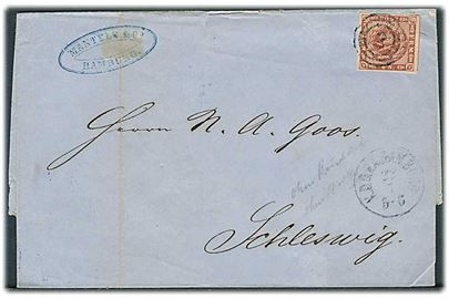 4 sk. 1858 udg. på brev fra Hamburg annulleret med nr.stempel 2 og sidestemplet lapidar K.D.O.P.A. Hamburg d. 22.7.1860 via Kiel til Schleswig.