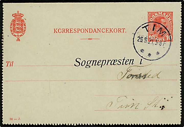 10 øre Chr. X helsags-korrespondanekort (fabr. 36-J) med fortrykt Fødselsanmeldelse annulleret med brotype IIIb Tim d. 26.8.1921 til Torsted pr. Tim.