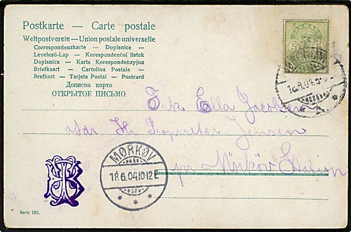 5 øre Våben helsagsafklip som frankering på brevkort fra Kjøbenhavn d. 18.6.1904 til Mørkøv.