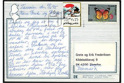 Tunesien 350 Sommerfugl og DANSK julemærke 1995 på brevkort fra Tunesien d. 11.12.1995 til Slagelse, Danmark.